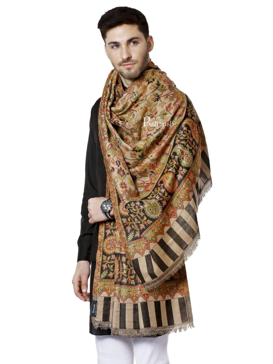 Pashtush India 100x200 Pashtush Mens Kaani Stole, Faux Pashmina, Soft and Warm, Beige and Black