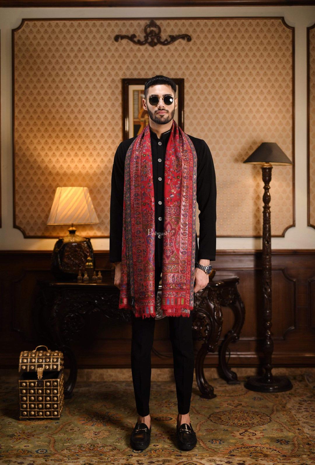 Pashtush India 100x200 Pashtush Mens Kaani Stole, Pure Wool, with Metallic Zari Weave