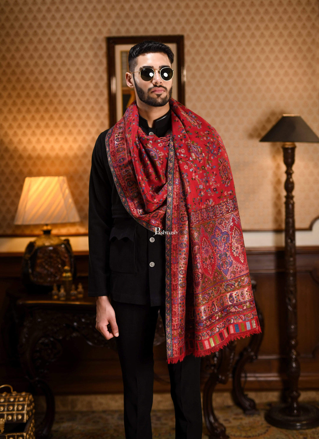 Pashtush India 100x200 Pashtush Mens Kaani Stole, Pure Wool, with Metallic Zari Weave
