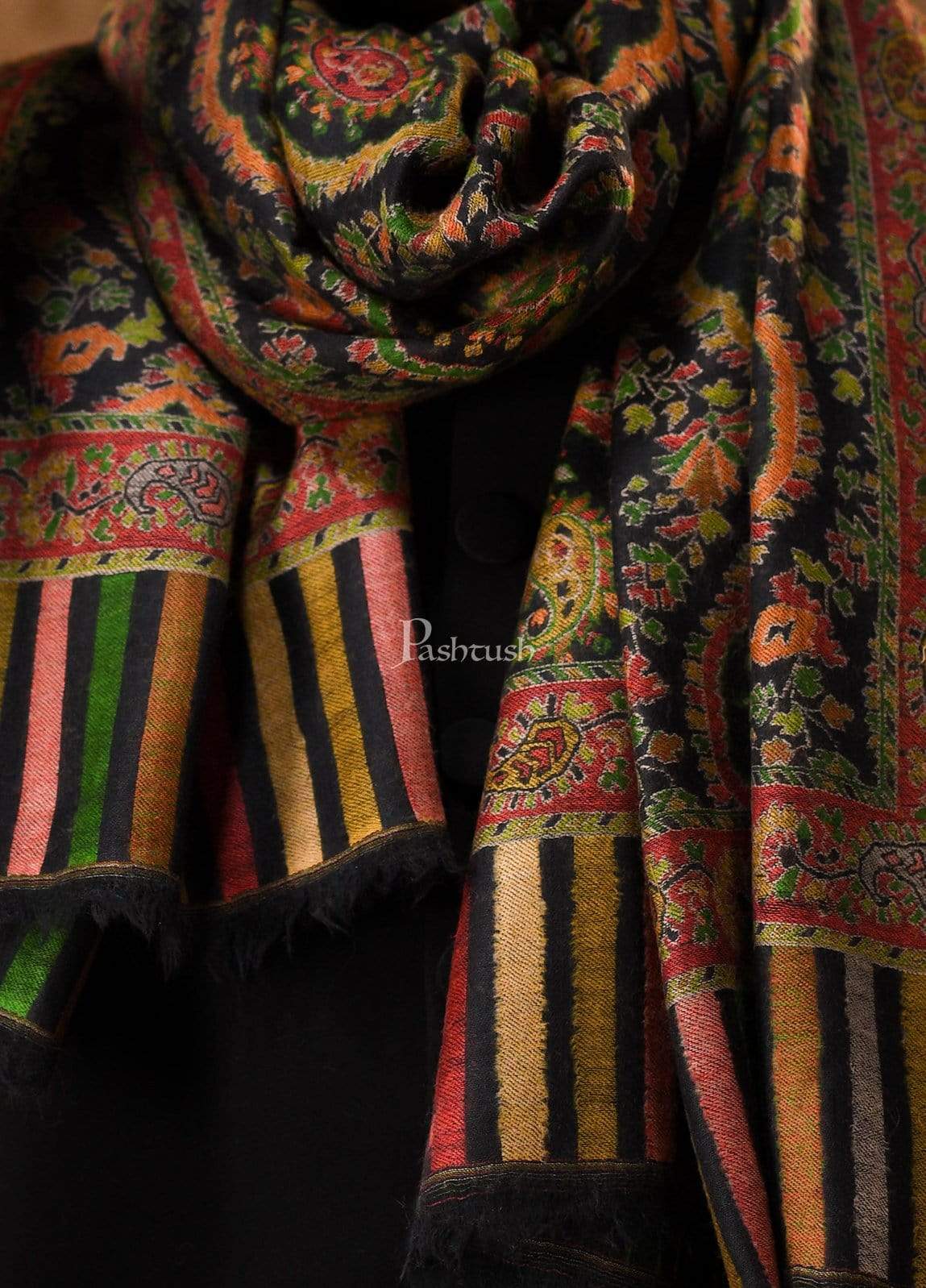 Pashtush India 100x200 Pashtush Mens Kaani Weave Shawl, Pure Wool with Woolmark Certificate, Black