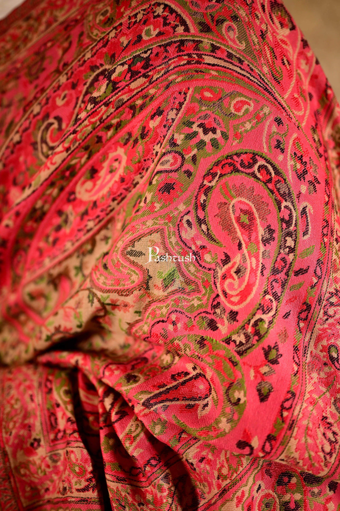 Pashtush India 100x200 Pashtush Mens Kaani Weave Shawl, Rich Garden, Pink and Beige