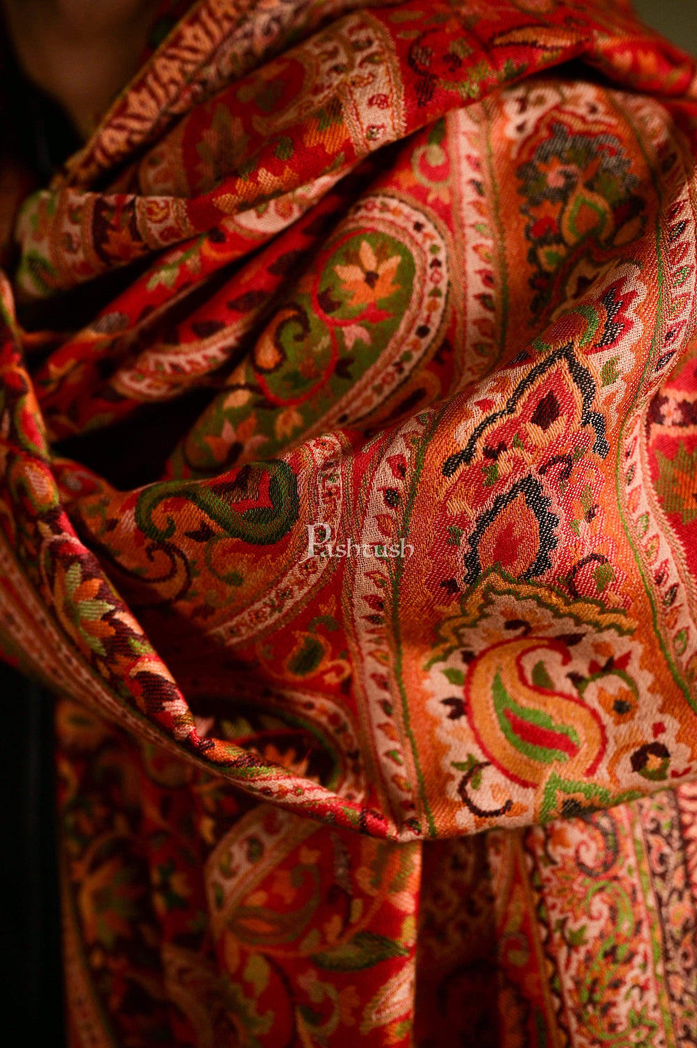 Pashtush India 100x200 Pashtush Mens Kaani Weave Shawl, Rich Garden, Red And Beige