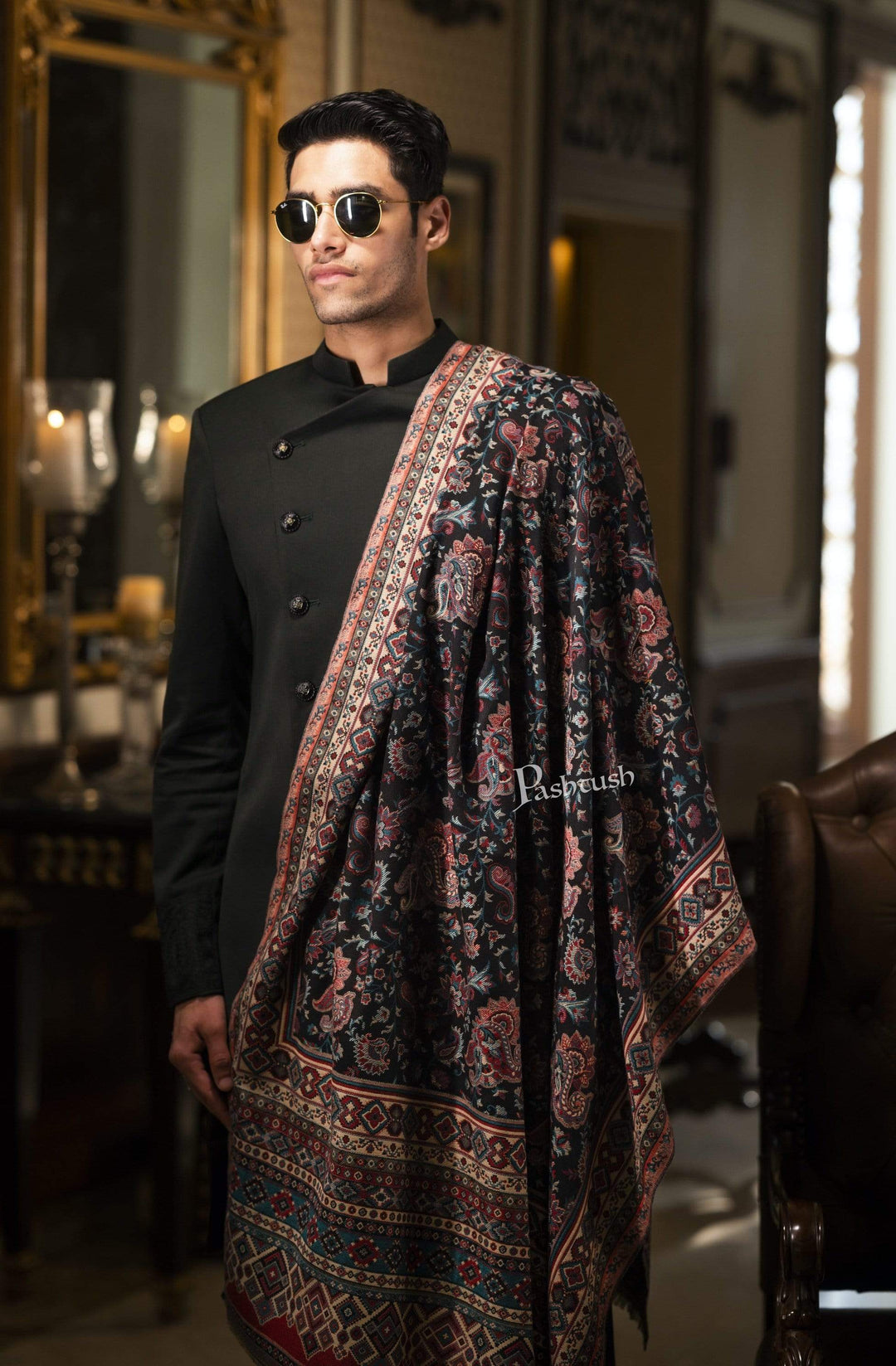 Pashtush India 100x200 Pashtush Mens Kaani Weave Stole, Faux Pashmina, Jacquard Design