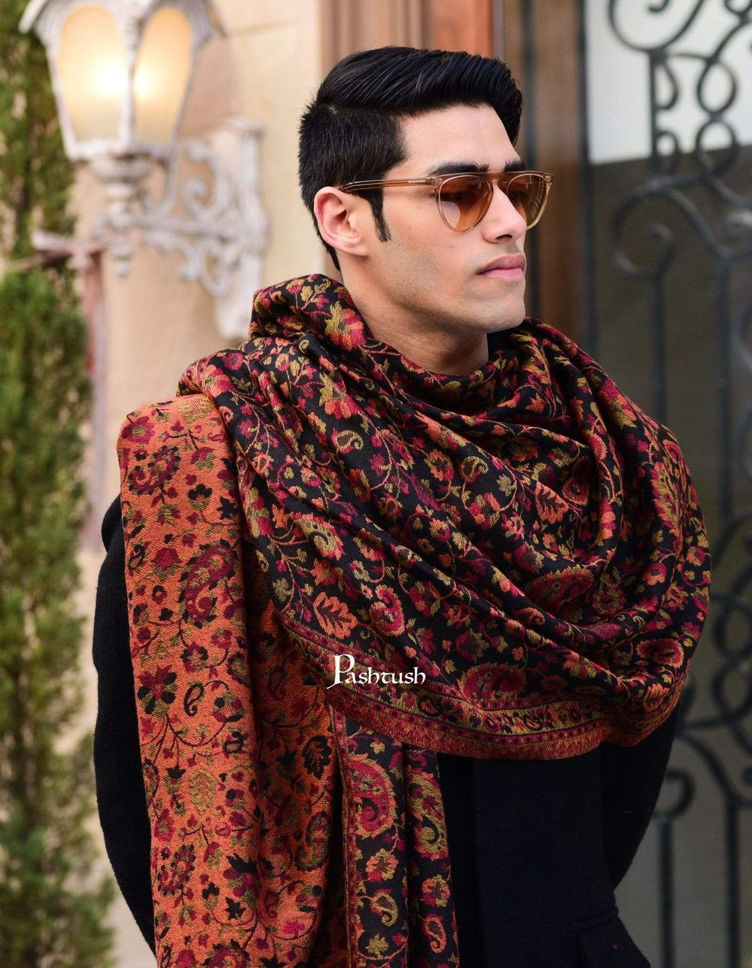 Pashtush India 70x200 Pashtush Mens Kaani Weave Stole, Fine Wool, Black