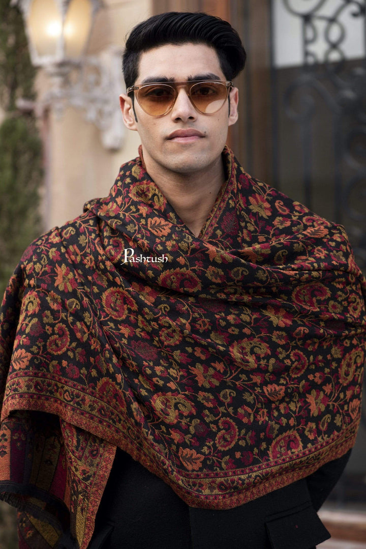 Pashtush India 70x200 Pashtush Mens Kaani Weave Stole, Fine Wool, Black