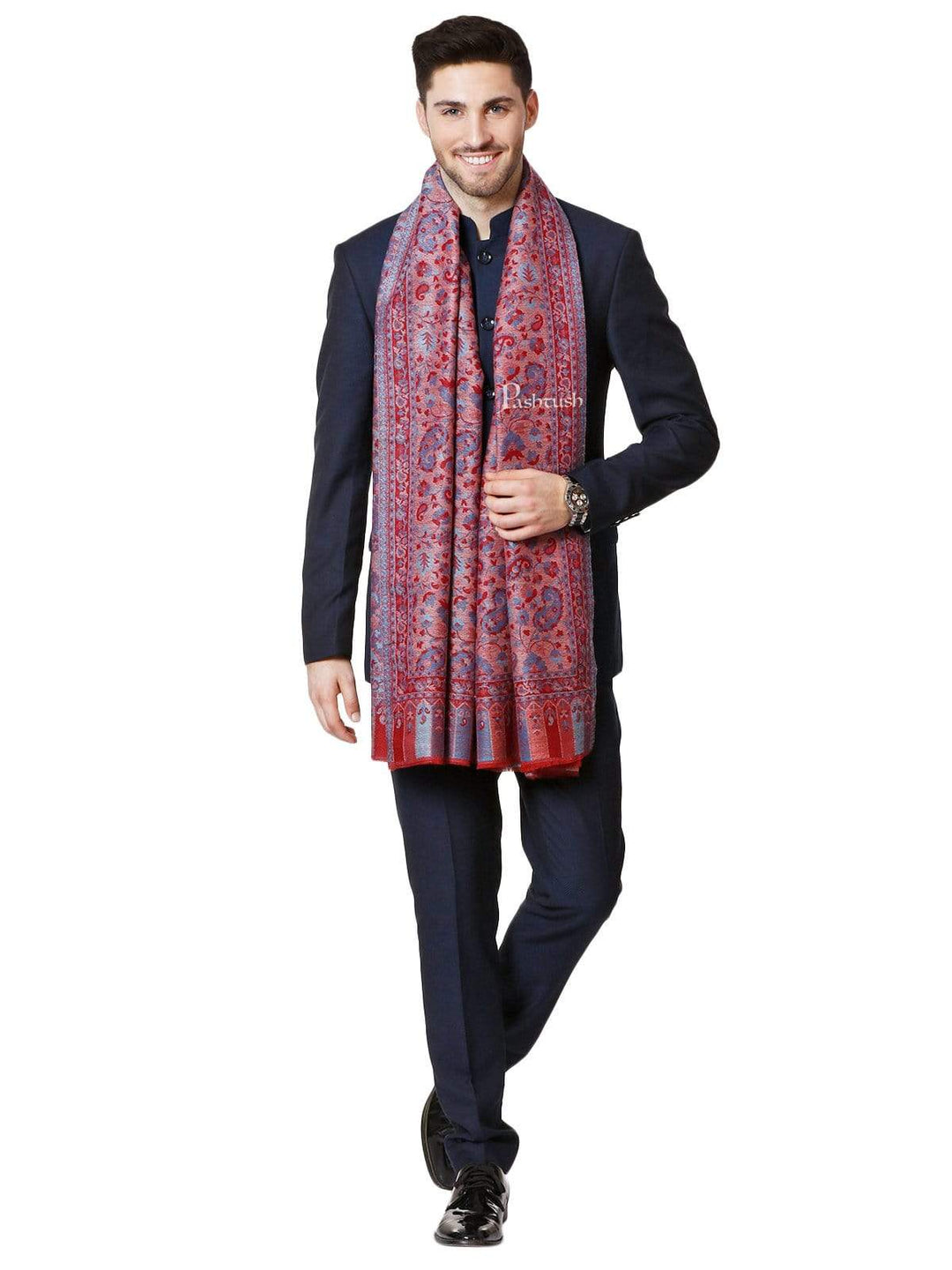 Pashtush India 70x200 Pashtush Mens Kaani Weave Stole, Fine Wool, Reversible, Azure