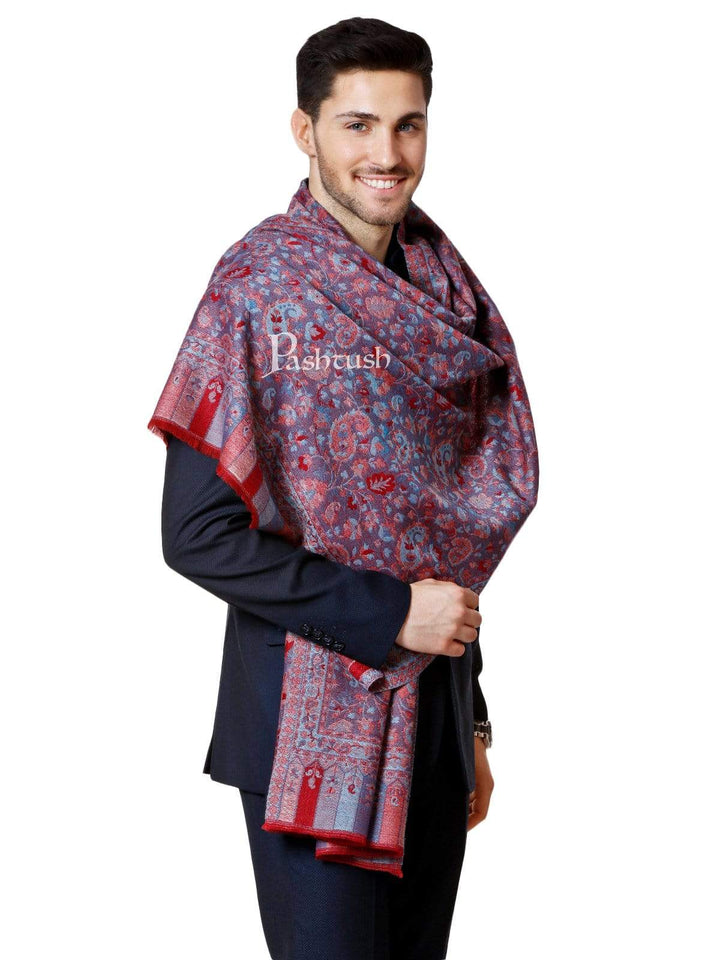 Pashtush India 70x200 Pashtush Mens Kaani Weave Stole, Fine Wool, Reversible, Azure