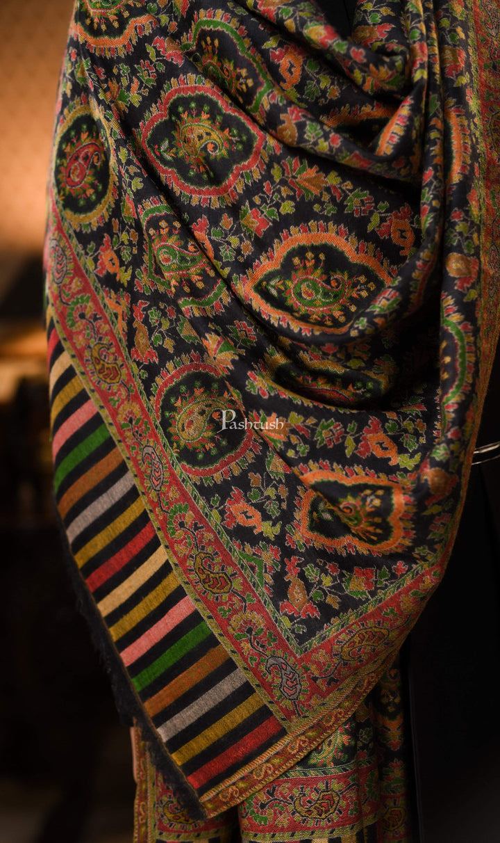 Pashtush India 70x200 Pashtush Mens Kaani Weave Stole, Pure Wool with Woolmark Certificate, Black