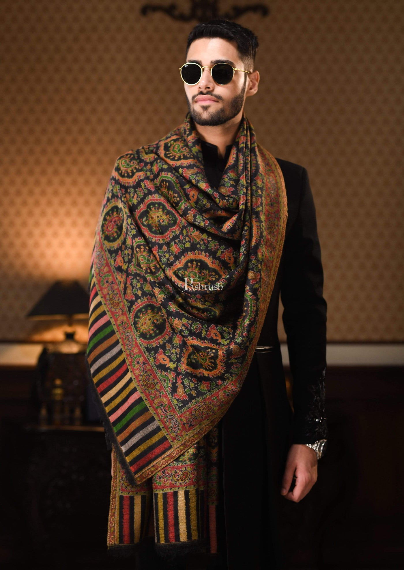 Pashtush India 70x200 Pashtush Mens Kaani Weave Stole, Pure Wool with Woolmark Certificate, Black