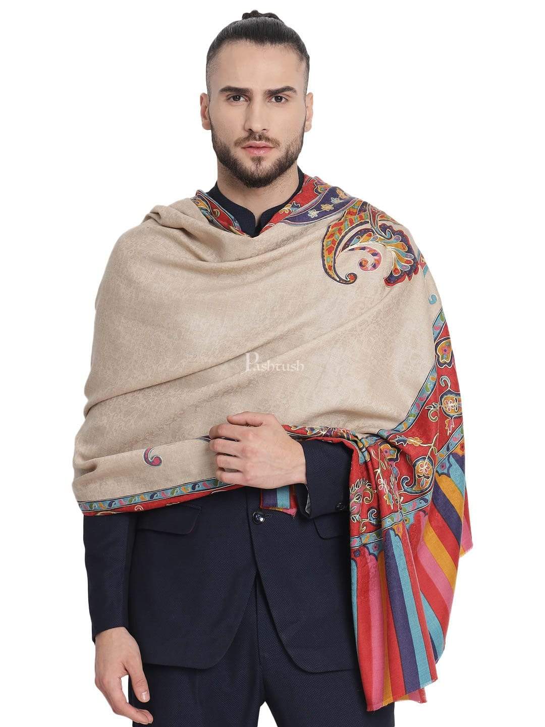 Pashtush India 114x228 Pashtush Mens Kalamkari Embroidery Shawl, Fine Wool Shawls, Medium