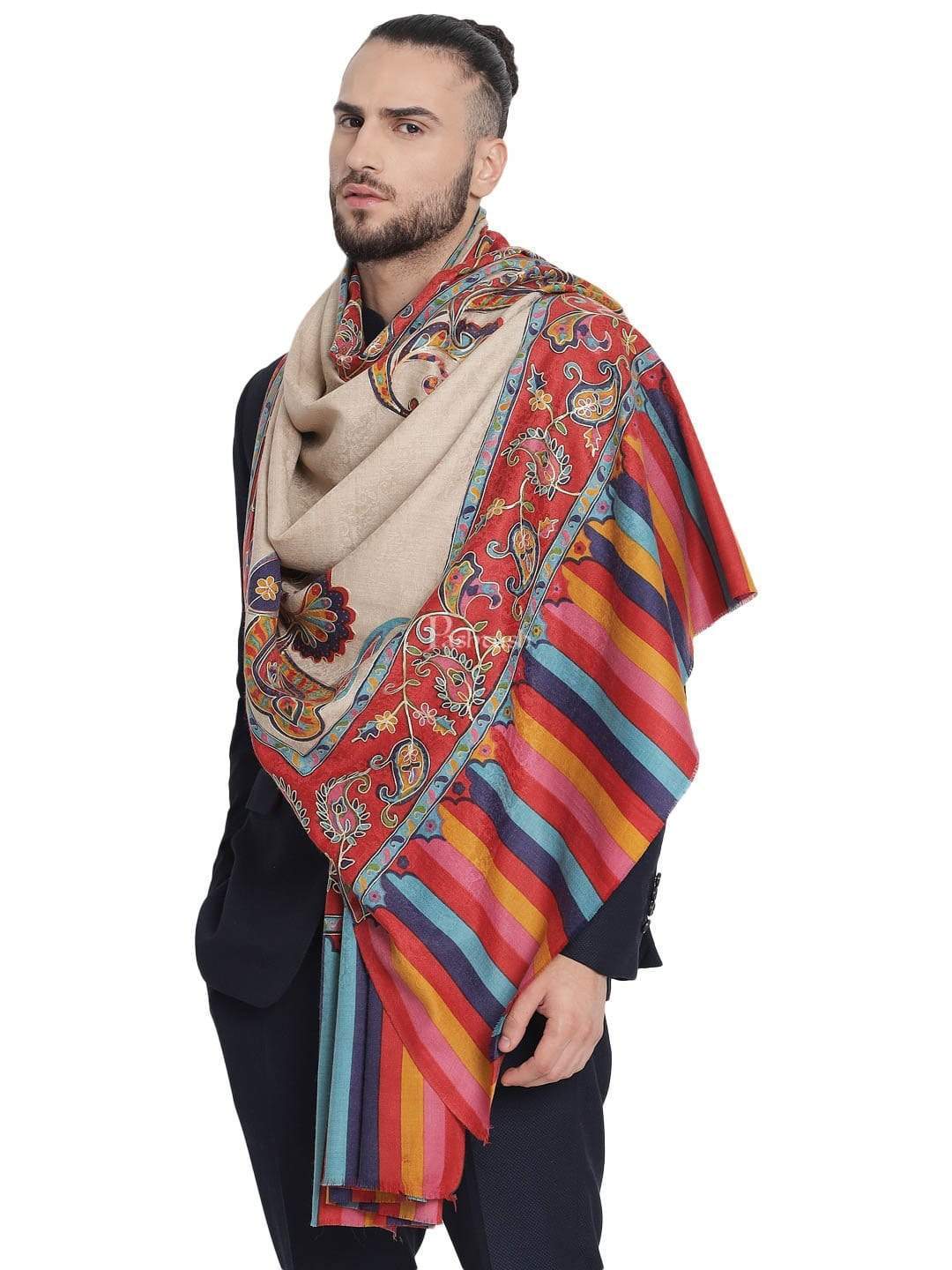 Pashtush India 114x228 Pashtush Mens Kalamkari Embroidery Shawl, Fine Wool Shawls, Medium