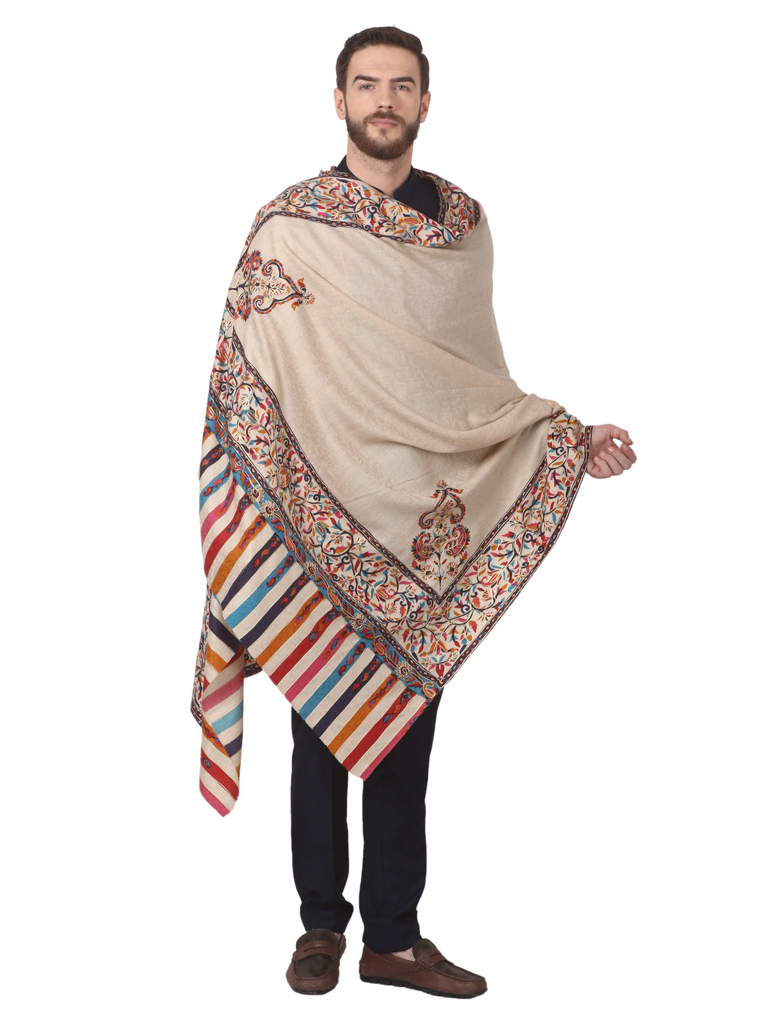 Pashtush India 114x228 Pashtush Mens Kalamkari Embroidery Shawl, Gents Fine Wool Shawls, Medium