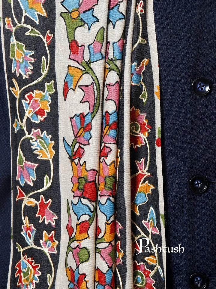 Pashtush India 114x228 Pashtush Mens Kalamkari Outline Embroidery Shawl, Kaani Painted Design, Fine Wool