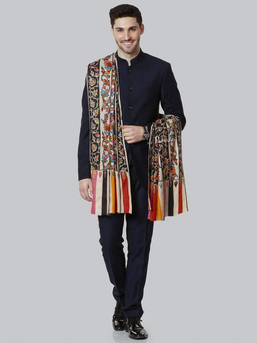 Pashtush India 114x228 Pashtush Mens Kalamkari Outline Embroidery Shawl, Kaani Painted Design, Fine Wool