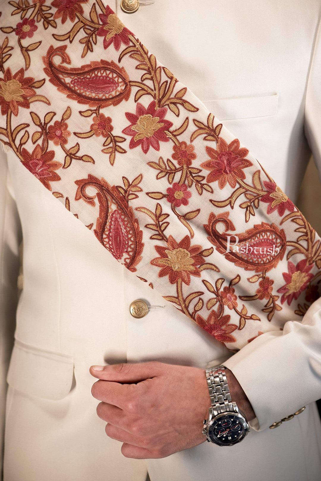 Pashtush India 70x200 Pashtush Mens Kashmiri Aari Embroidery Stole, Fine Wool, White