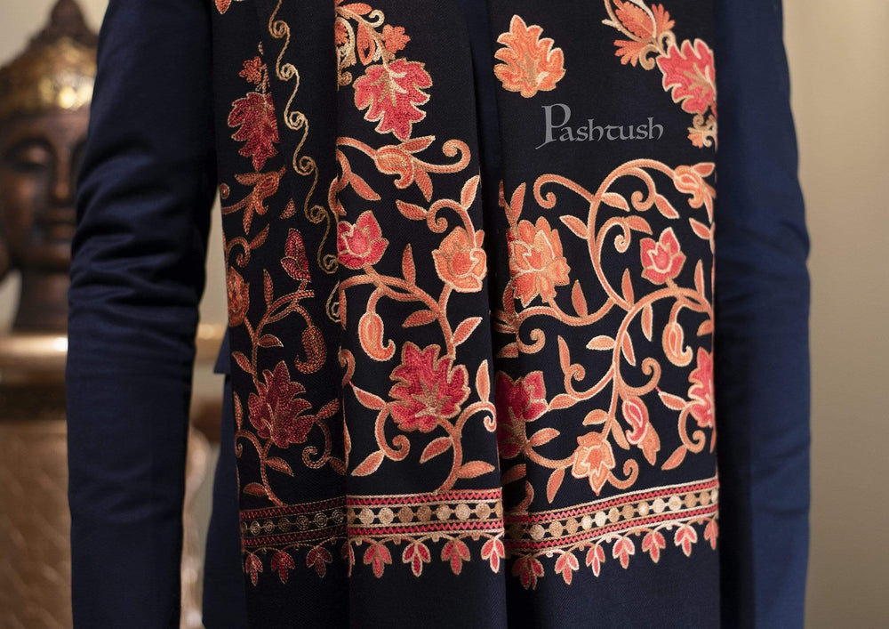 Pashtush India 70x200 Pashtush Mens Kashmiri Aari Embroidery Stole, Thick and Warm, Black