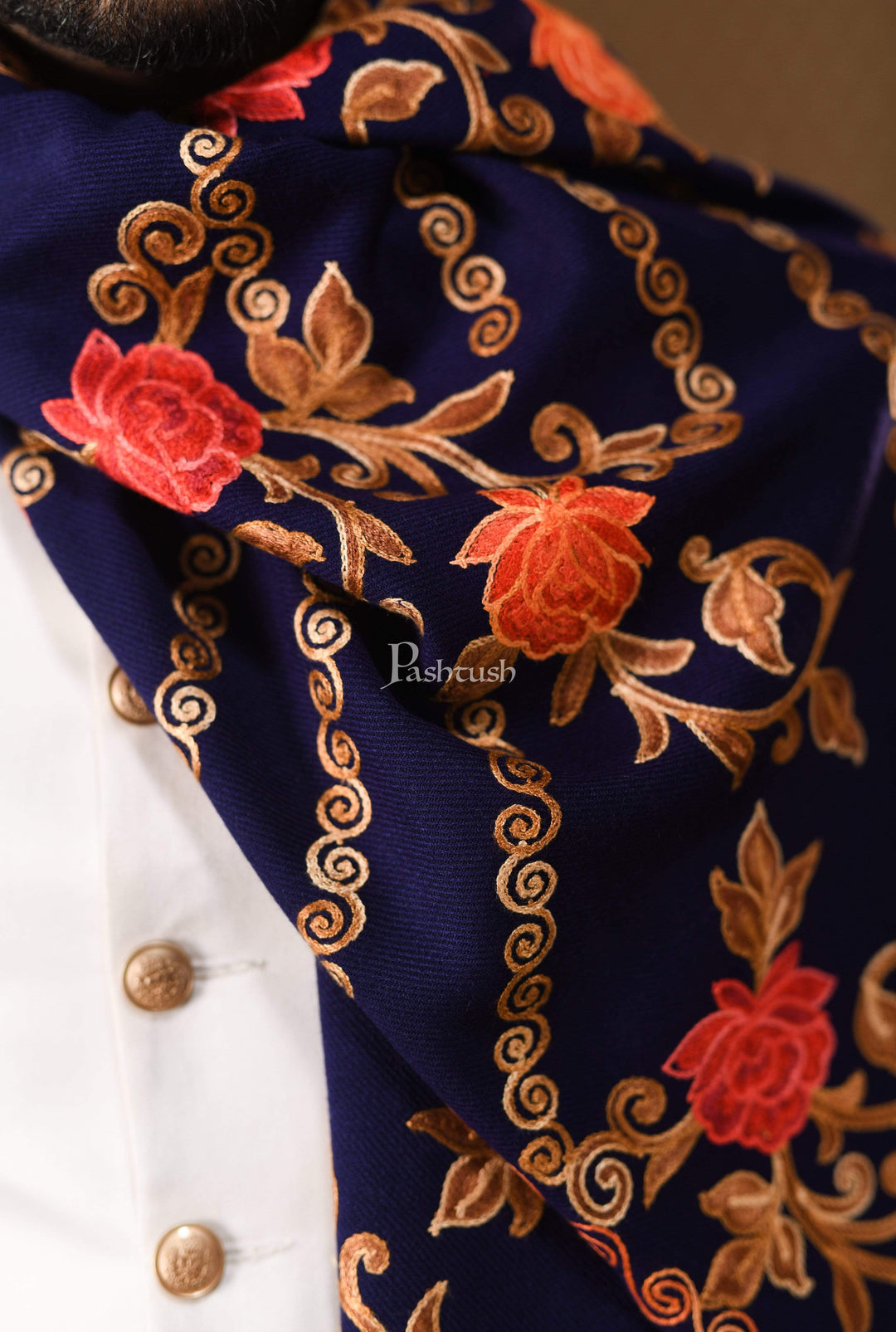 Pashtush India 70x200 Pashtush Mens Kashmiri Aari Embroidery, Woollen Stole