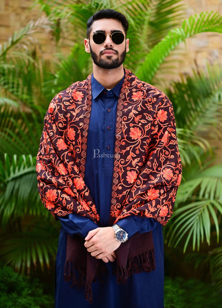 Pashtush India 70x200 Pashtush Mens Kashmiri Aari Embroidery, Woollen Stole