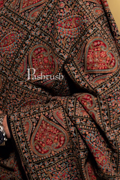 Pashtush India 100x200 Pashtush Mens Kashmiri Embroidery Stole, Sozni Embroidery, Intricate Needlework, Black