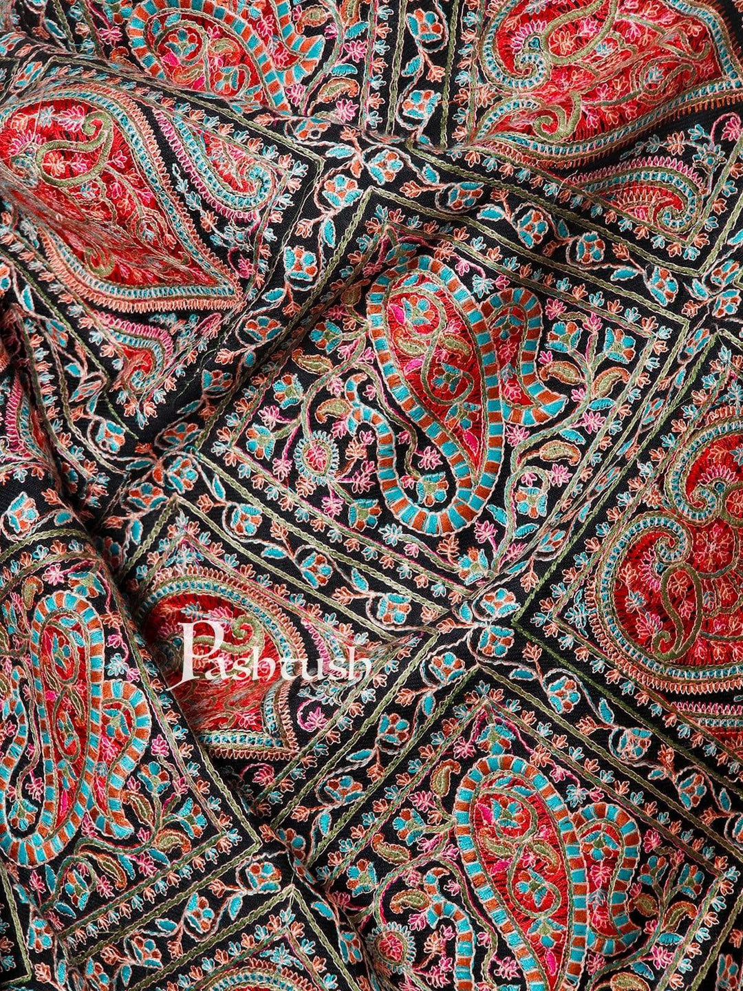 Pashtush India 100x200 Pashtush Mens Kashmiri Embroidery Pure Stole, Sozni Embroidery, Intricate Needlework, Black