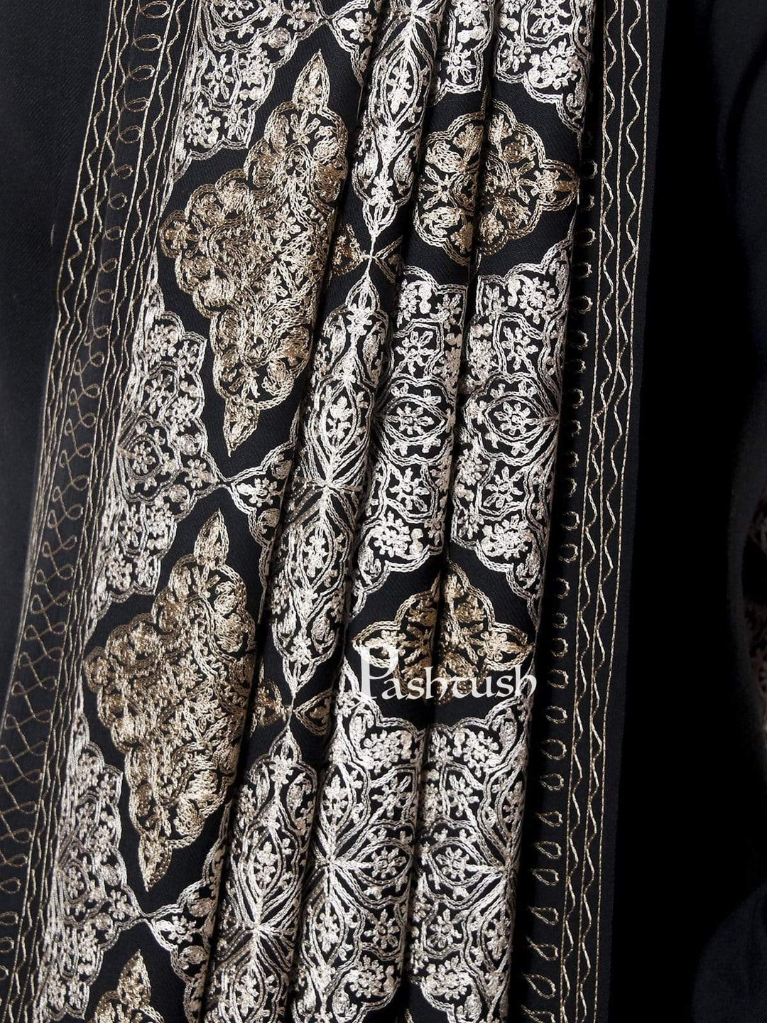 Pashtush India 114x228 Pashtush Mens Kashmiri Embroidery Shawl, Light Weight, Fine Wool, Black