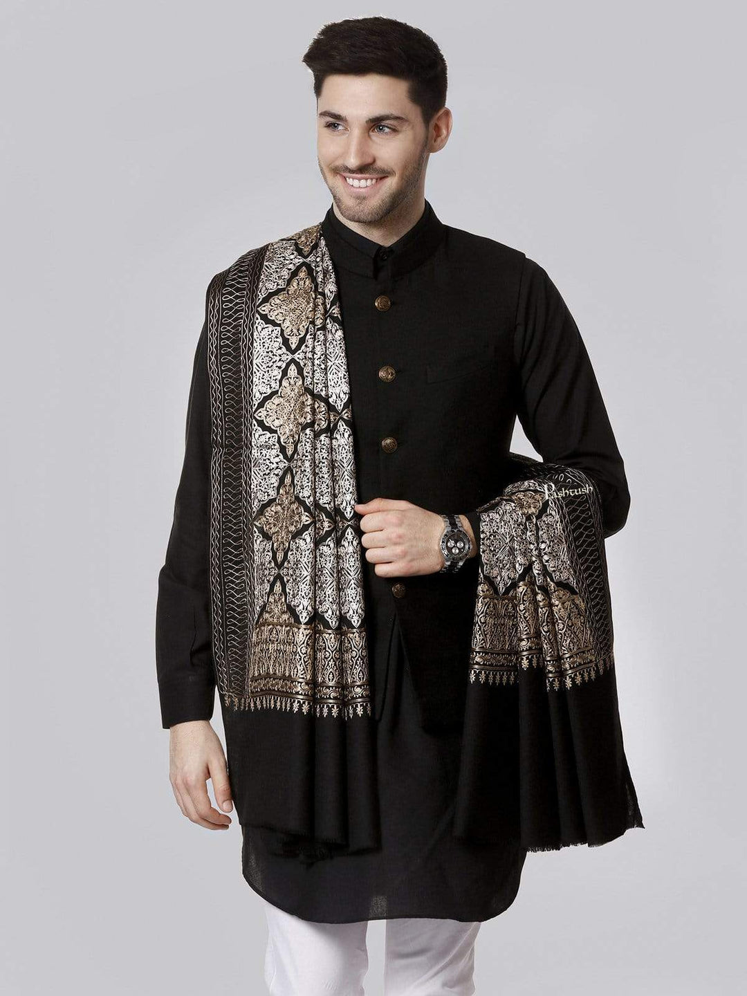 Pashtush India 114x228 Pashtush Mens Kashmiri Embroidery Shawl, Light Weight, Fine Wool, Black