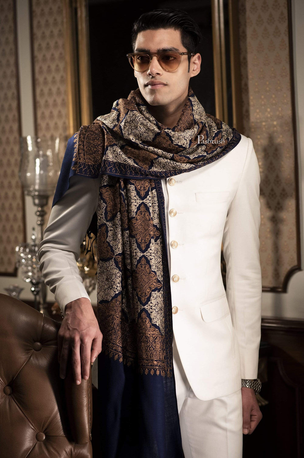 Pashtush India 114x228 Pashtush Mens Kashmiri Embroidery Stole, Light Weight, Fine Wool, Black