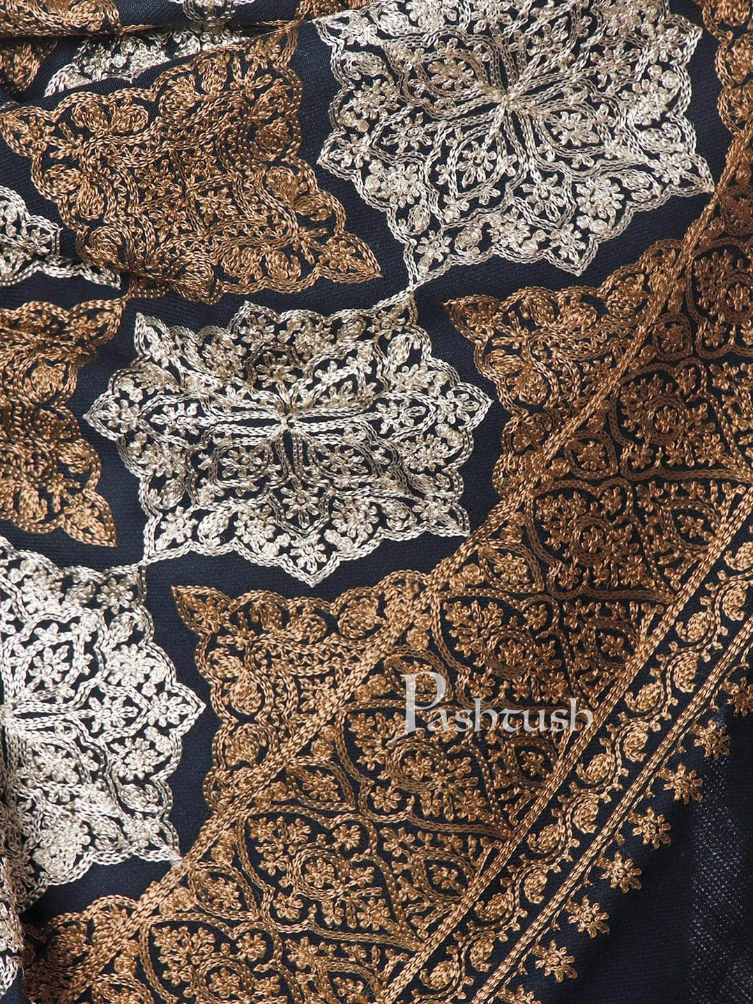 Pashtush India 70x200 Pashtush Mens Kashmiri Embroidery Stole, Light Weight, Fine Wool, Navy Blue