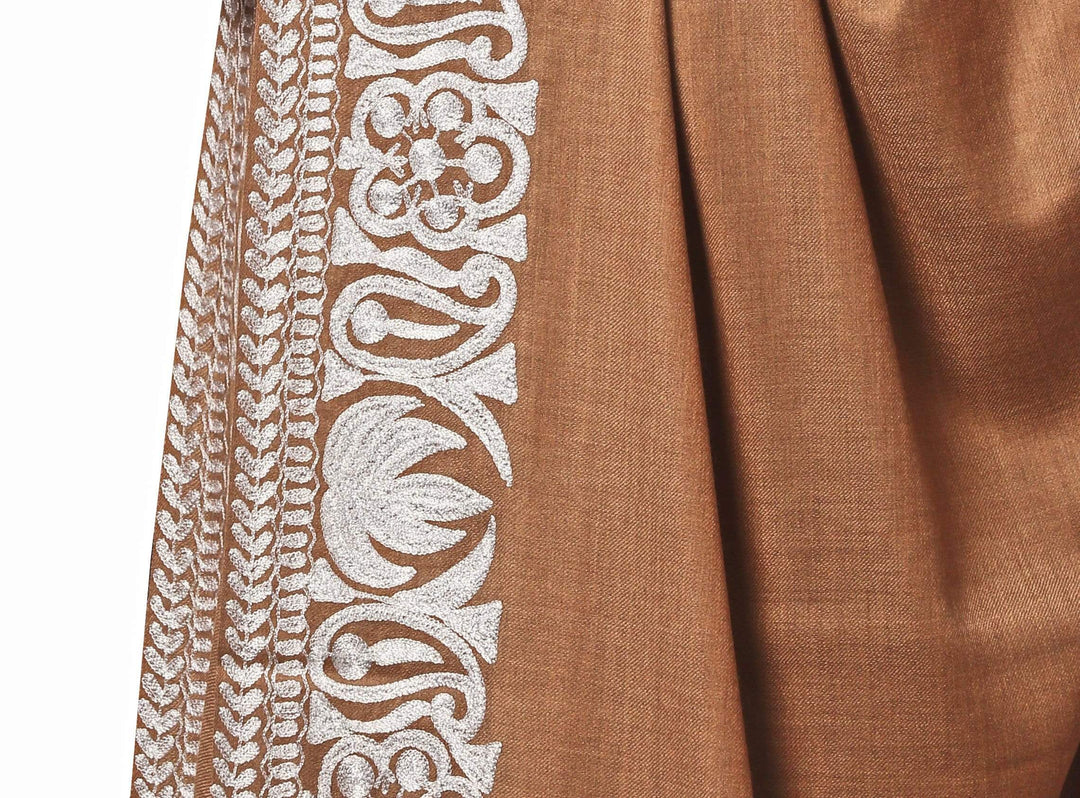 Pashtush India Shawl Pashtush Mens Kashmiri Hand Embroidery Shawl, Fine Wool with Tilla Zari Work - Taupe