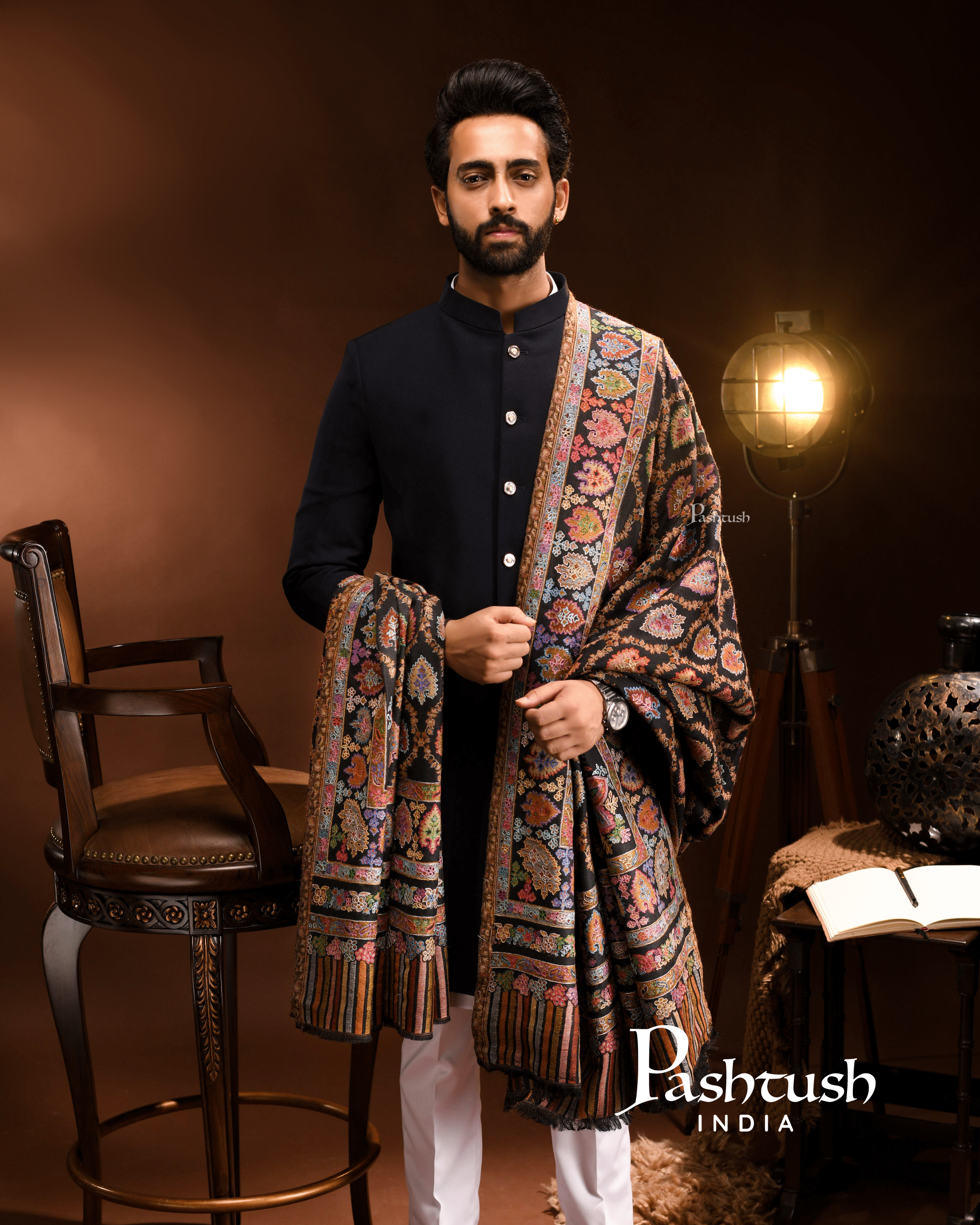 pashtush pashmina pashtush mens kashmiri tilla hand embroidered shawl full size extra fine wool kalamkari 31340106154038