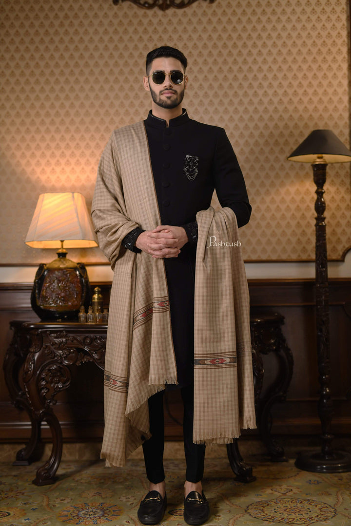 Pashtush India 127x254 Pashtush Mens Kullu Weave Shawl With Checkered Weave, Beige