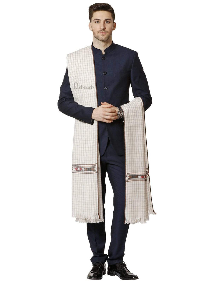 Pashtush India 127x254 Pashtush Mens Kullu Weave Shawl with Checkered Weave, White