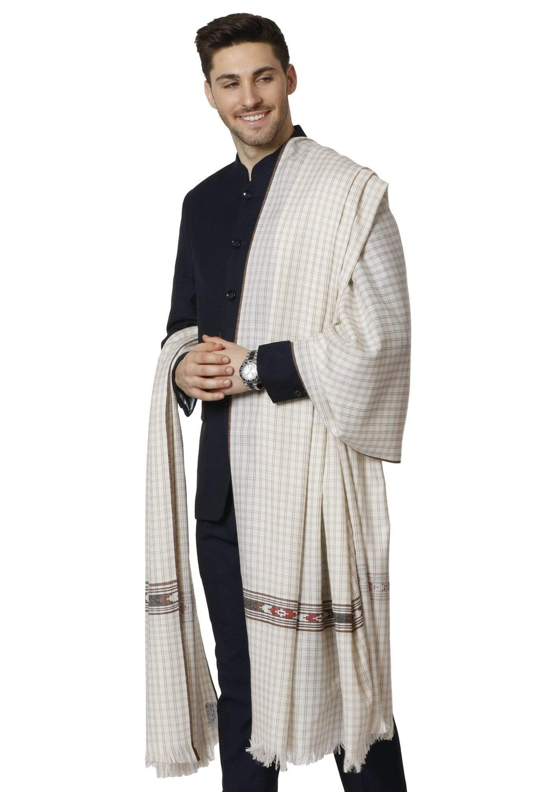 Pashtush India 127x254 Pashtush Mens Kullu Weave Shawl with Checkered Weave, White