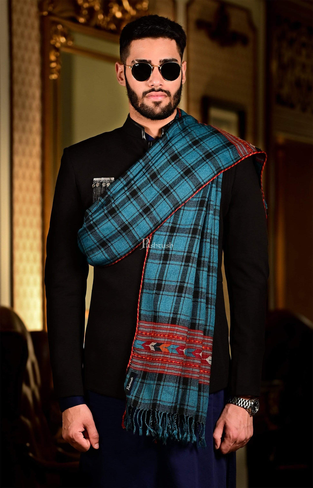 Pashtush India 70x200 Pashtush Mens Kullu Wool, Authentic 100% Handwoven Stole, Extra Warm, Blue