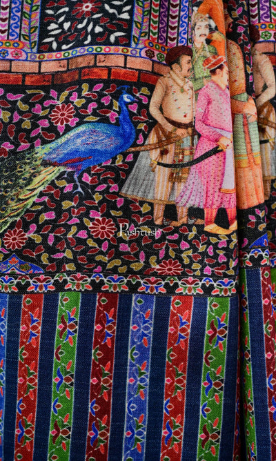 Pashtush India 114x228 Pashtush Mens Mughal Darbar Printed Shawl, 100% Pure, Woolmark Certified, Lapis Blue
