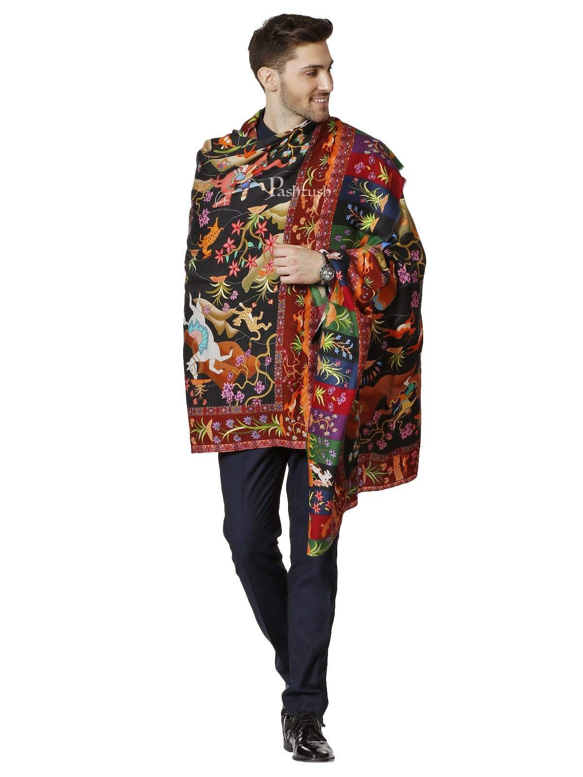 Pashtush India 114x228 Pashtush Mens Mughal Shikaardar, Luxury Printed Shawl on 100% Pure Wool, Woolmark Certified