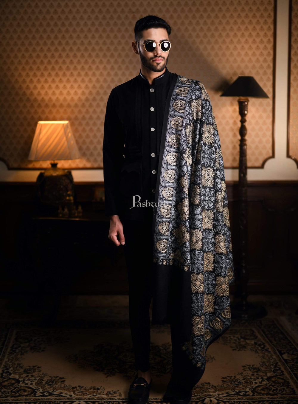 Pashtush India 100x200 Pashtush Mens Nalki Embroidery Stole, Pure Wool, Woolmark Certified