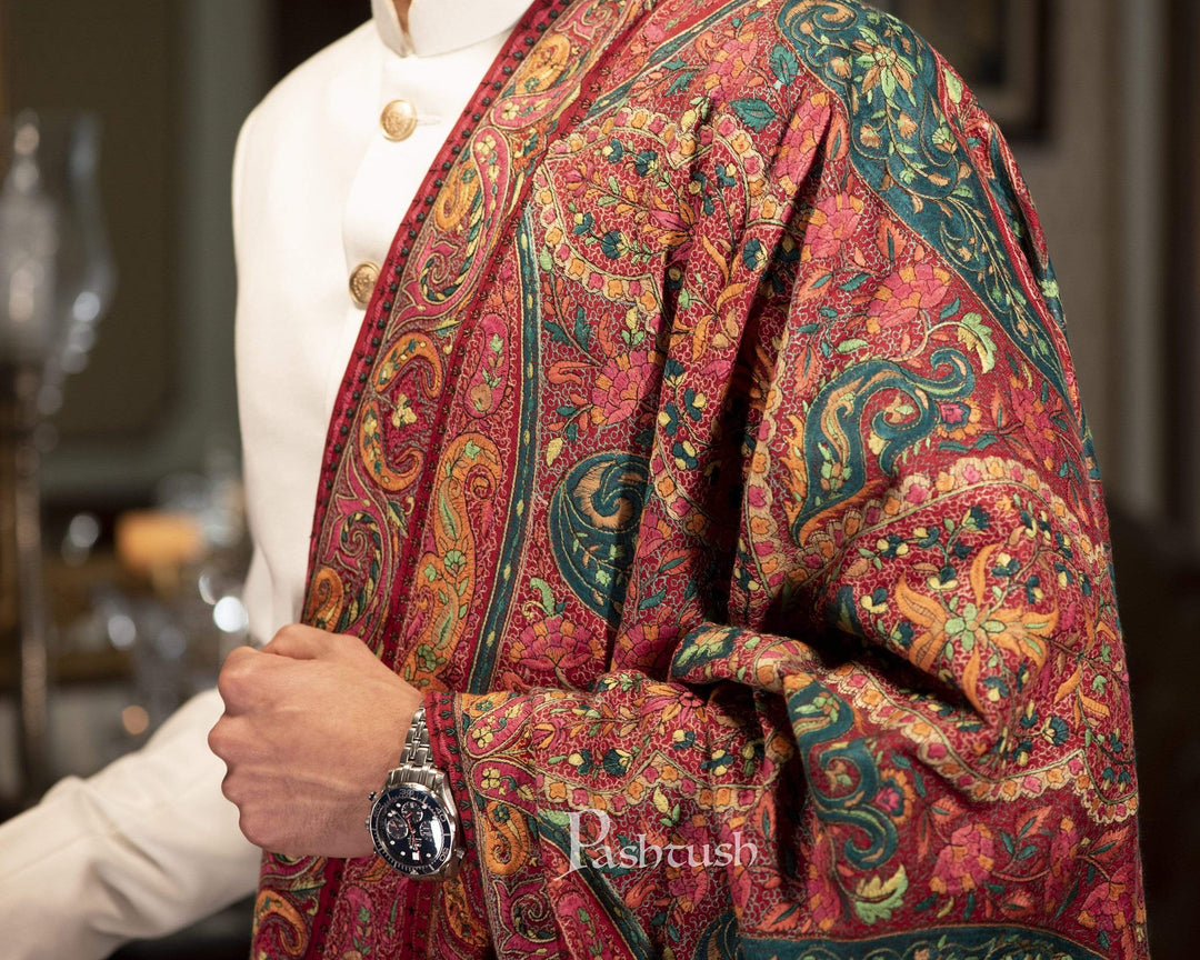 Pashtush India 100x200 Pashtush Mens Papier Mache Embroidered Jamawar Stole, Fine Wool, Soft and Warm