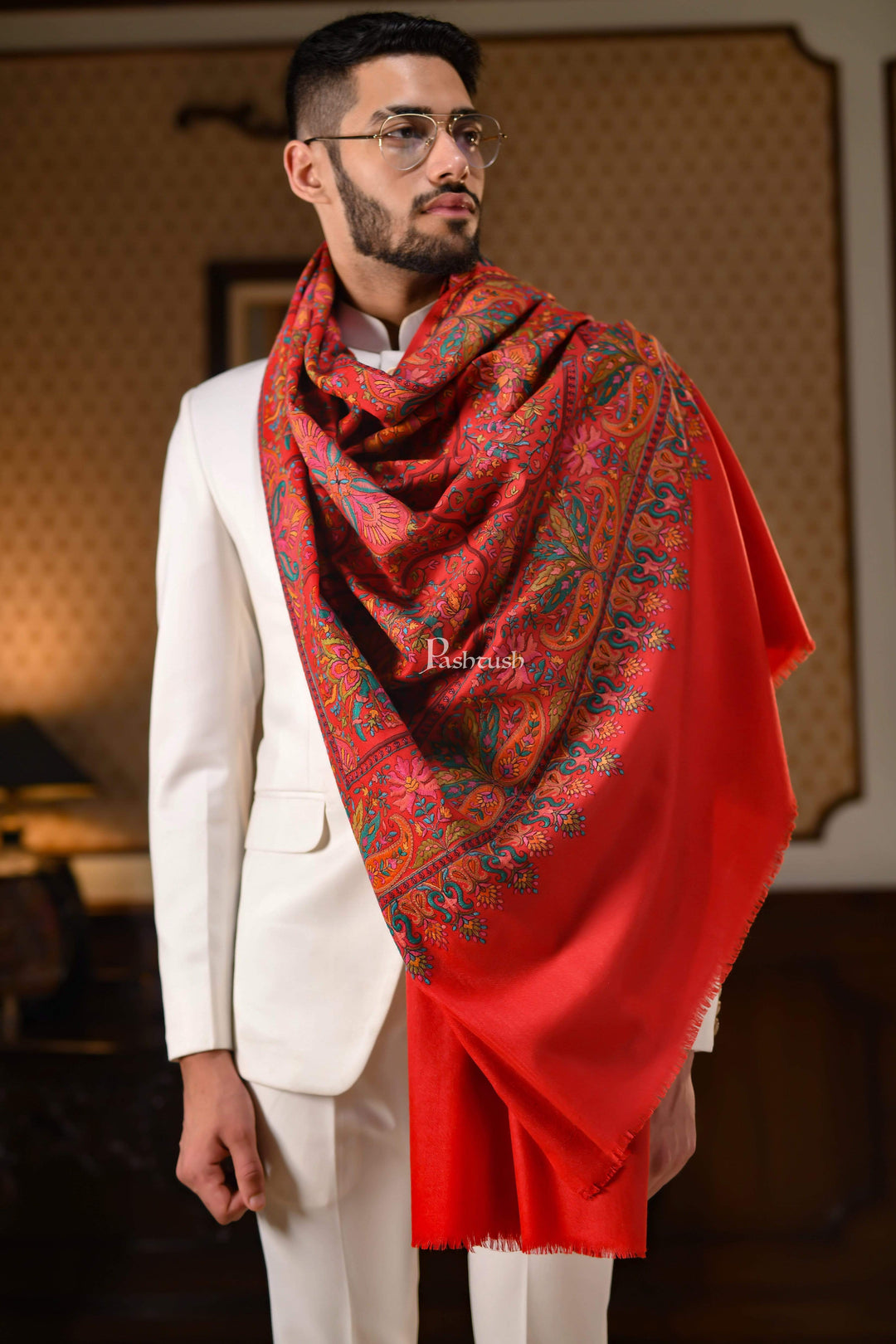 Pashtush India 100x200 Pashtush Mens Papier-mâché Embroidered Shawl, Fine Wool with Silky Embroidery, Maroon