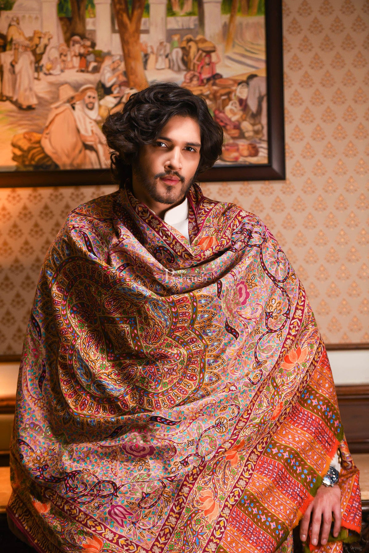 Pashtush Mens Pashmina Handmade Kalamkari Shawl, Multicoloured