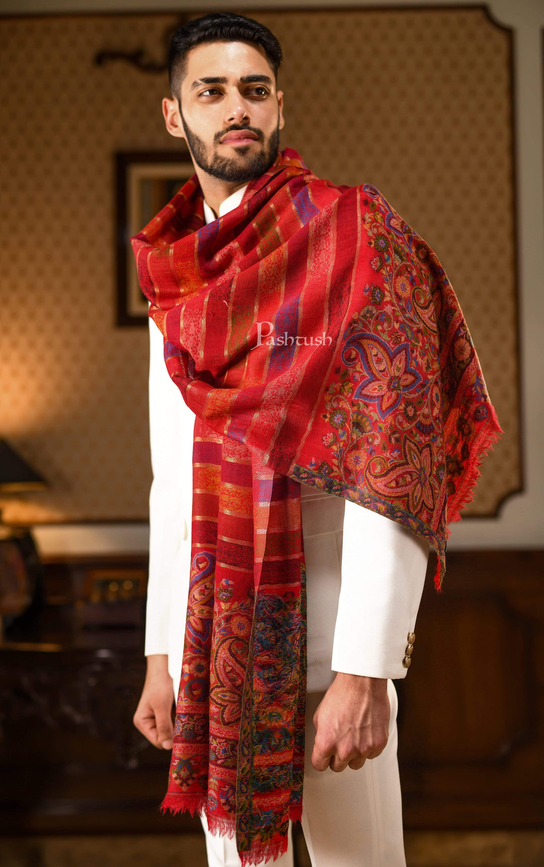 Pashtush India 70x200 Pashtush Mens Pure Wool Striped Ethnic Stole