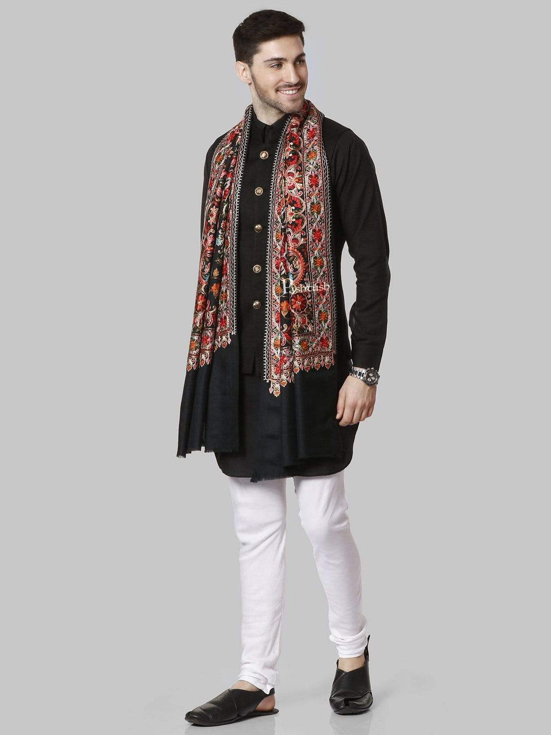 Pashtush India 70x200 Pashtush Mens Regal Collection, Fine Wool Embroidery Stole, Rich Black