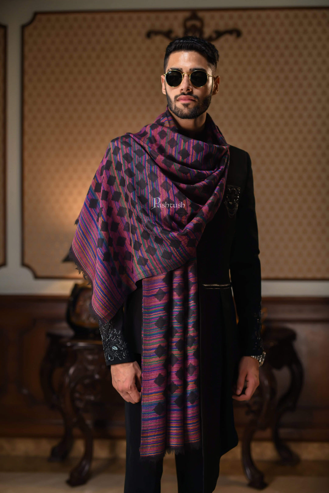 Pashtush India 70x200 Pashtush Mens Reversible Stole, 100% Pure Wool With Woolmark Certification, Multi coloured