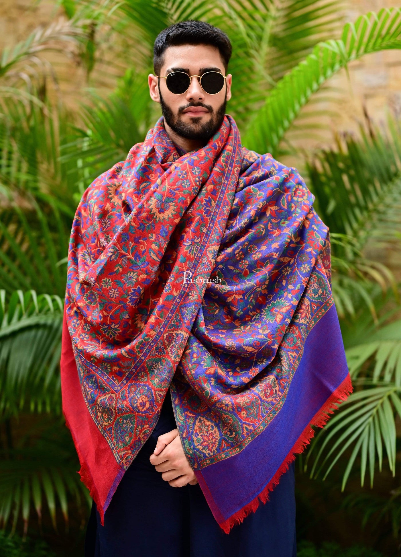 Pashtush India 100x200 Pashtush Mens Reversible Twin Color 100% Pure Wool Ring Soft Kaani Weave Shawl, Woolmark Certified