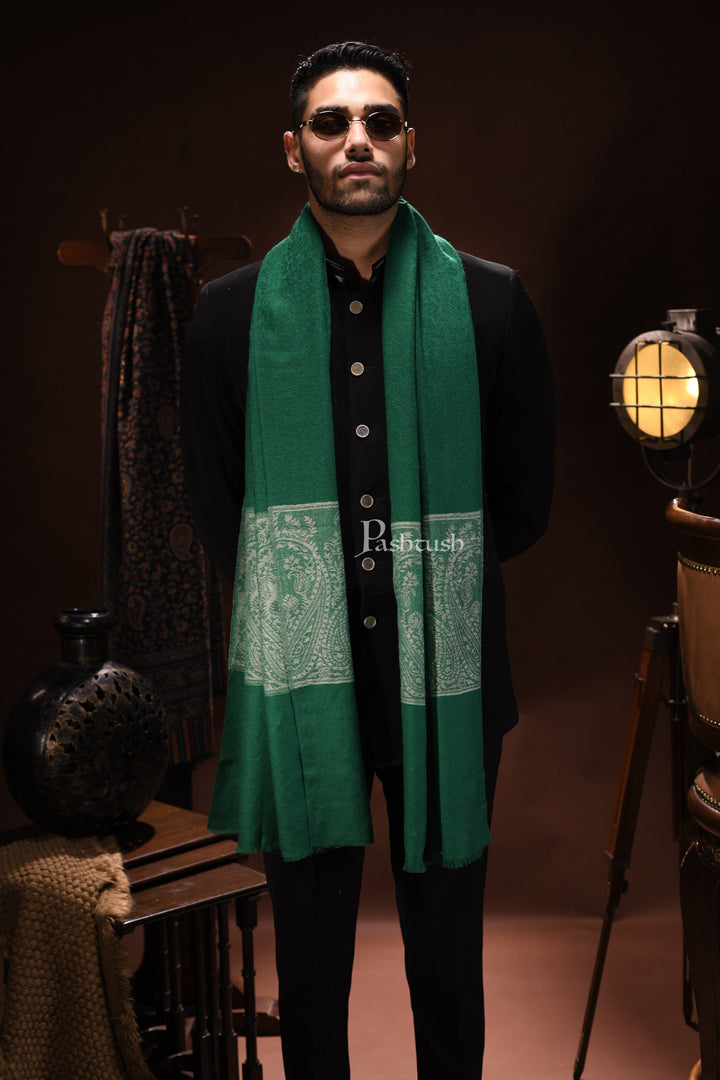 Pashtush India Mens Scarves Stoles and Mufflers Pashtush Mens Scarf With Chanting Paisleys Design, Soft And Warm, Emerald Green