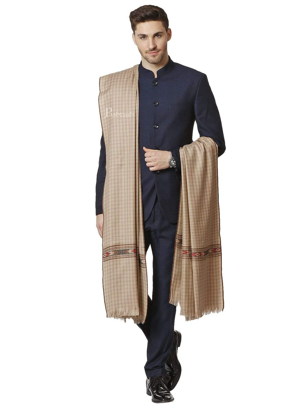Pashtush Mens Aztec Weave Shawl With Checkered Weave, Beige