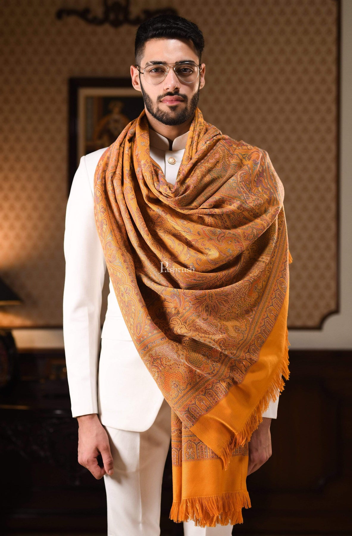 Pashtush Mens Jamawar Stole, Mustard – Pashtush Shawl Store