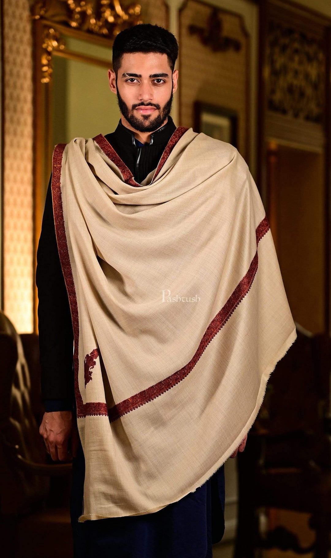 Pashtush India 127x254 Pashtush Mens Shawl, Embroidery Haashia Dushala, Beige
