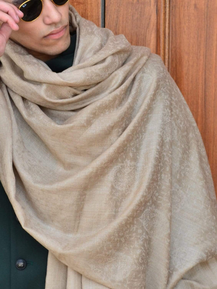 Pashtush Mens Shawl Fine Wool Self Jacquard Soft And Light Weight Beige