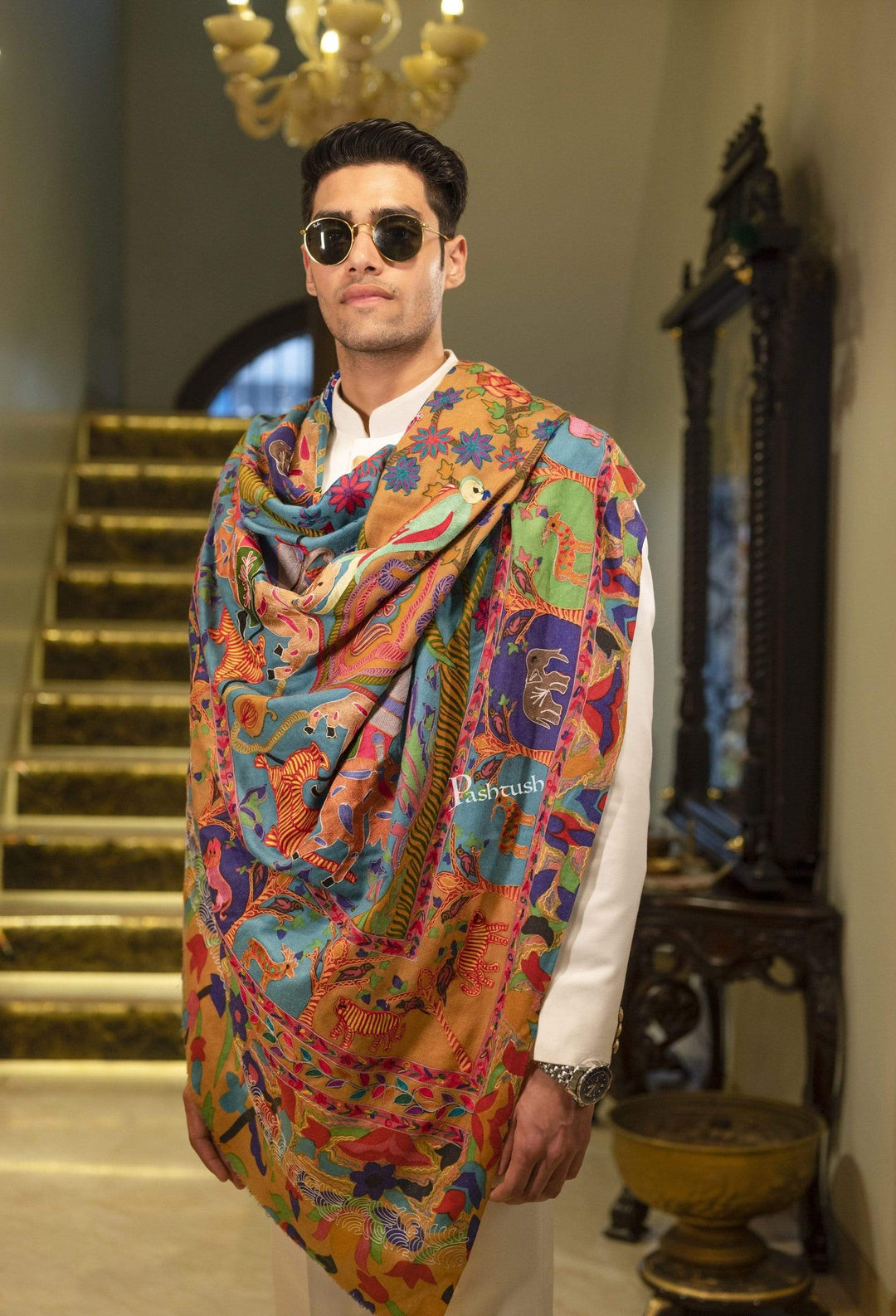 Pashtush India 100x200 Pashtush Mens Shikaar-dar Hand Embroidered, Shawl in Pure Wool (certified)